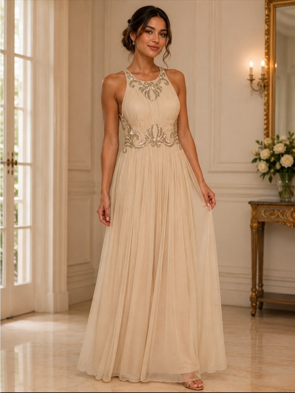 Aidan Mattox Champagne sequins bodice sleeveless Maxi Gown